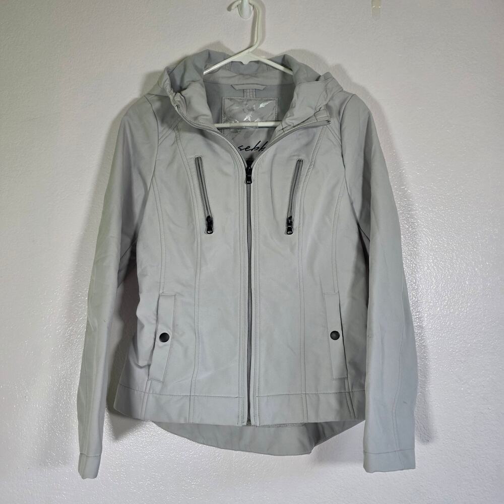 Sebby Hooded Faux Leather Jacket Women M Gray Zip Lightweight